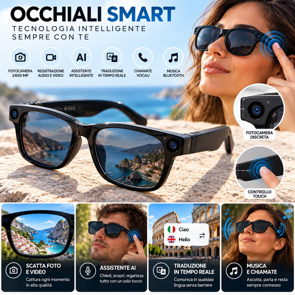Occhiali da Sole Intelligenti ™: registrazione Video e Foto, traduttore, chiamate bluetooth, riproduzione musicale